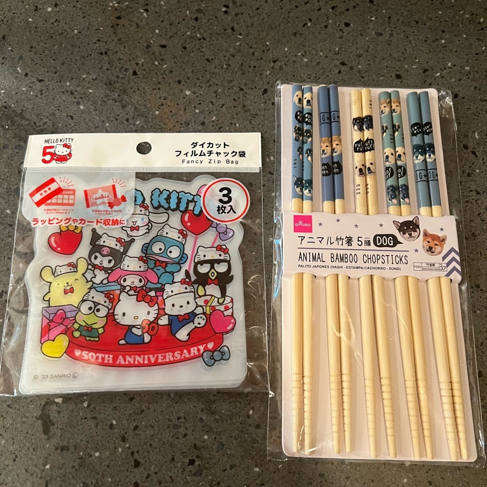 New
Sanrio Hello Kitty 3 Fancy Zip Bag,
Daiso Animal Bamboo Chopsticks